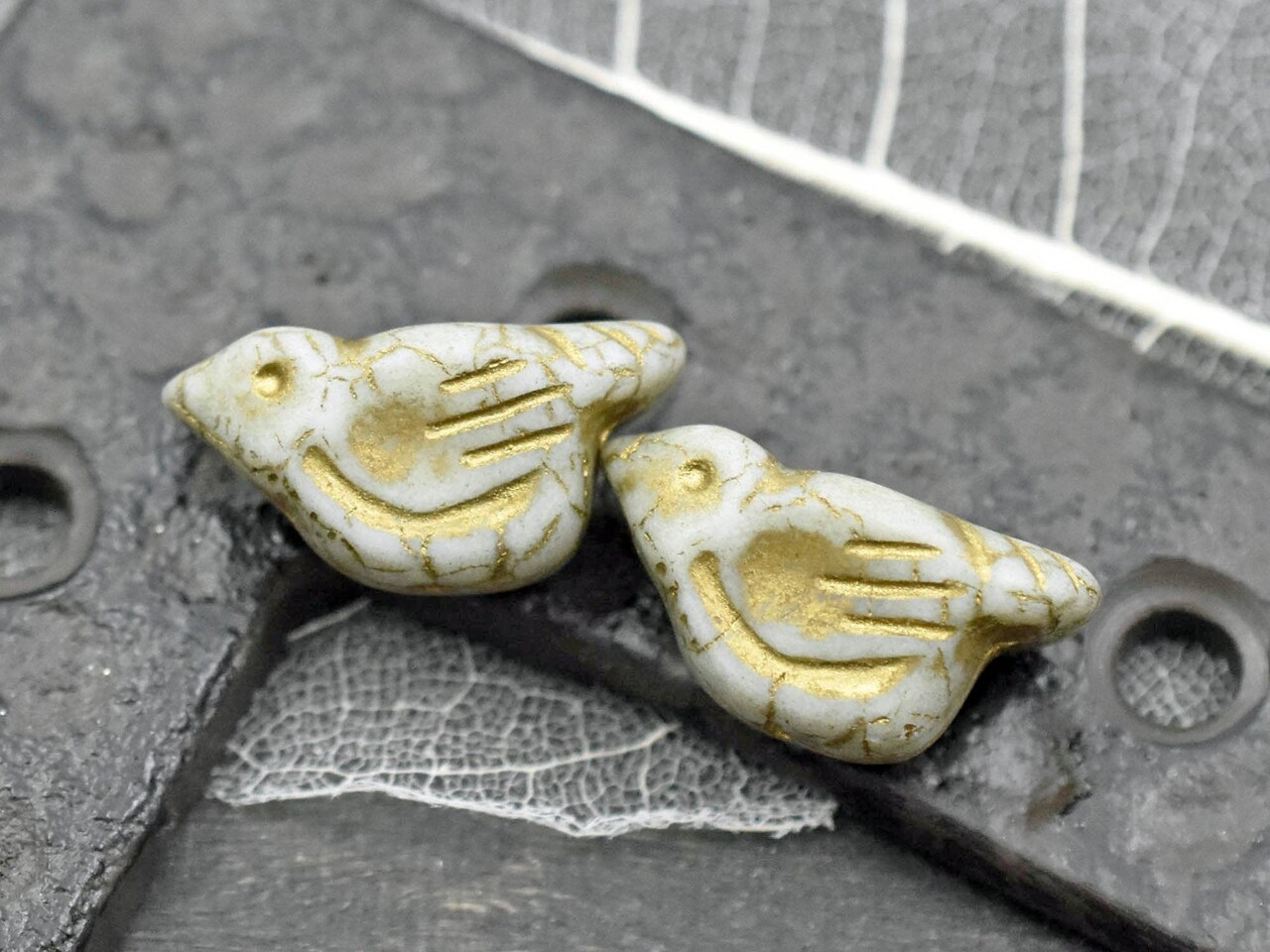*2* 11x22mm Gold Washed Matte White Luster Bird Beads